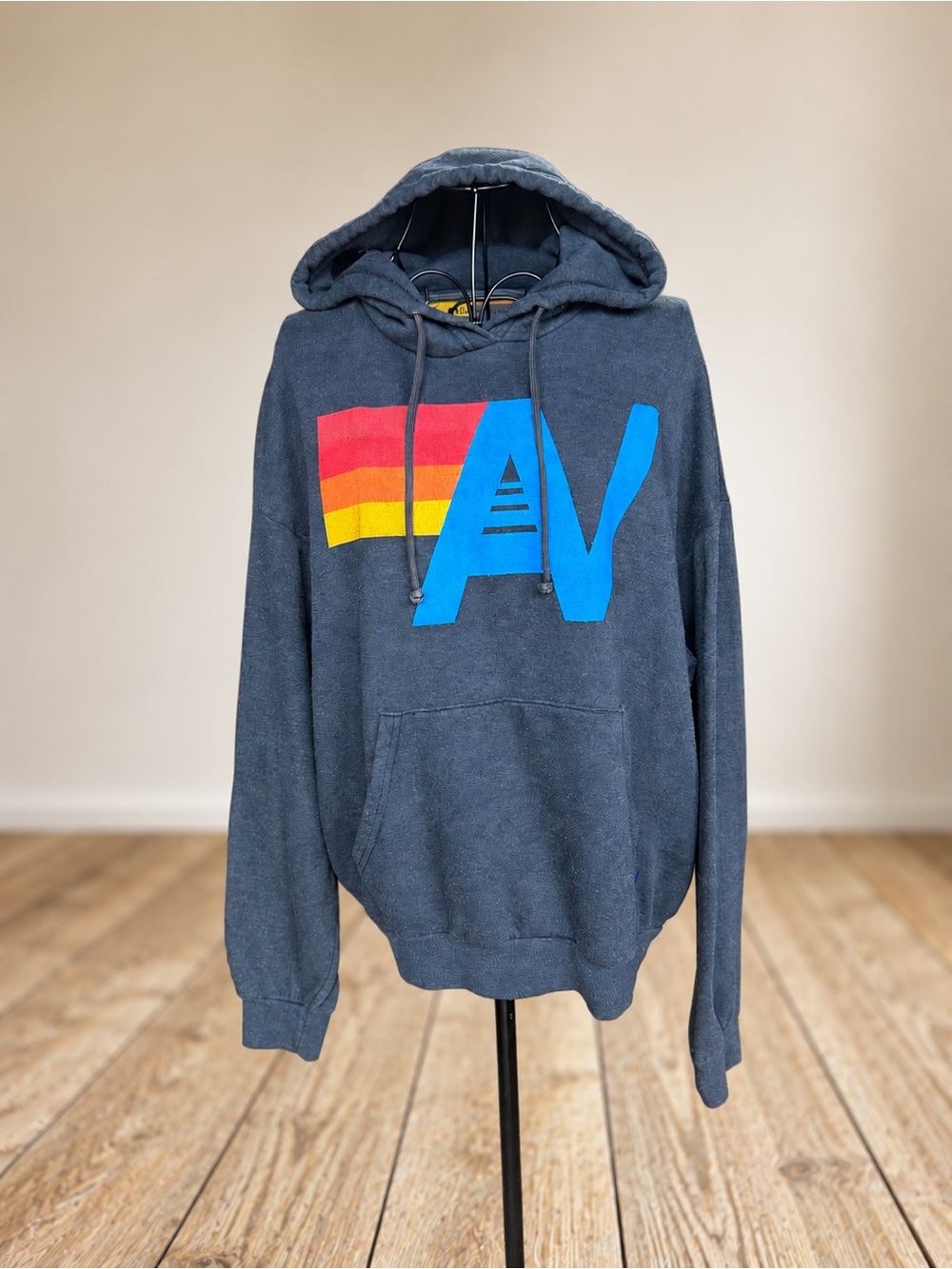 Aviator Nation AV Logo Rainbow Stripe Hoodie Charcoal XS (Oversized)